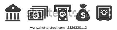 Bank and finance icon set. Bank building, cash, ATM, money bag, safe icon silhouette - stock vector.