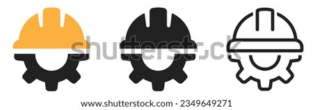 Construction helmet on the gear icons set. Construction, labor and engineering symbols. Helmet and gear flat or line icon - stock vector.