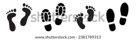 Footprint icon set. Barefoot footprints, shoe prints, child's footprints. Adults and children's steps - stock vector.