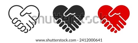 Handshake heart icons set. Care sign. Love, partnership, friendship, hand, hand shake, hands together symbol - stock vector.