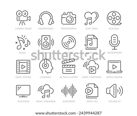 Audio and Video line icons set. Media outline icons collection. Music, camera, microphone, webcam, earphones, cinema, television - stock vector.