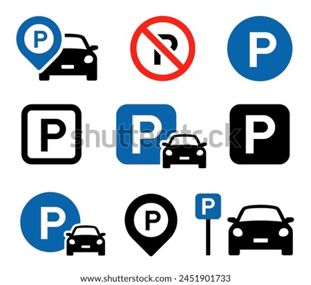 Car parking icon set. Public parking and parking location symbol. No car parking sign - stock vector.