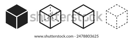 Cube icons set. Three-dimensional shape in flat, linear and dotted styles. 3D square isolated - stock vector.