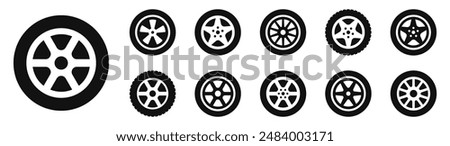 Car wheel icon set. Black rubber wheel tire collection. Vehicle, road, transport, auto - stock vector.