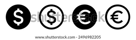 Dollar and Euro icon set. Internet money, currency, earnings, bank, wallet, payment, coin - stock vector.