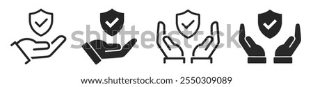 Insurance in hand icons set. Hands holding Insurance sign. Shield with checkmark icon. Insurance and assurance symbol. Hands holding protect shield flat and line style - stock vector.