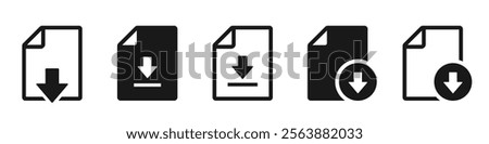 Download document icon set. Download file, document, save folder, link, PDF, software - stock vector.