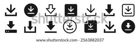 Download button icon set. Download file, document, save folder, link, PDF, software - stock vector.