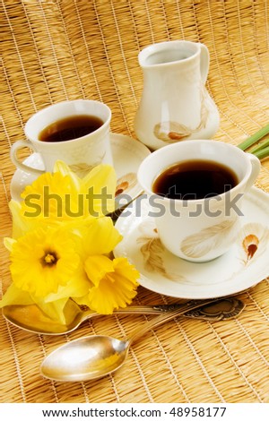 Two vintage cups of morning spring coffee, soft focus