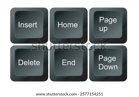 insert home page up down end delete keys, Close up view of six keys on a computer keyboard modern laptop or computer, Top view, Space for text. black and white