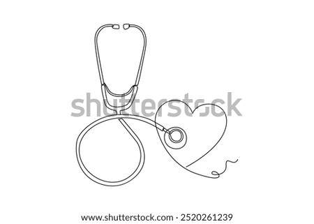 Continuous line drawing stethoscope and hearth illustration. Minimalist continuous line drawing representing cardiology and heart health