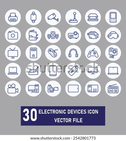 Set of PC accessories and Electronic devices icon, wireless mouse, keyboard, flash drive, USB cable, mic, cam, headphones, USB hub, computer cable icons.