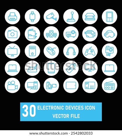 Set of PC accessories and Electronic devices icon, wireless mouse, keyboard, flash drive, USB cable, mic, cam, headphones, USB hub, computer cable icons.