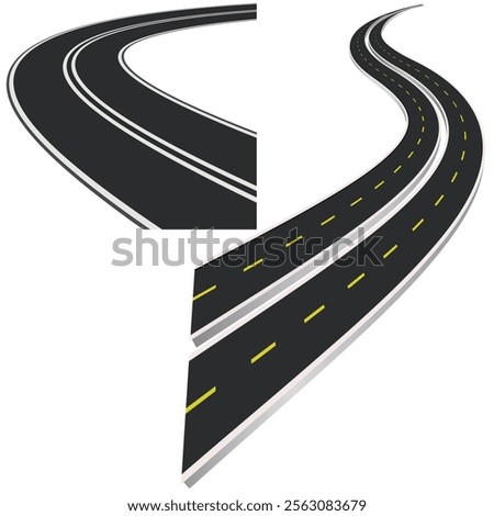 Winding road. Journey traffic curved highway. Road to horizon in perspective. Winding asphalt empty line isolated vector concept