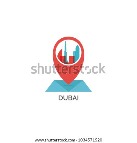 Arab Emirates Dubai map city pin point geolocation modern skyline shape pointer vector flat logo icon illustration