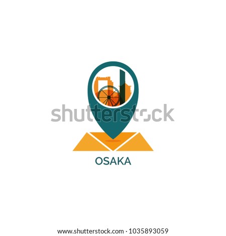 Japan Osaka map city pin point geolocation modern skyline shape pointer vector flat logo web icon illustration