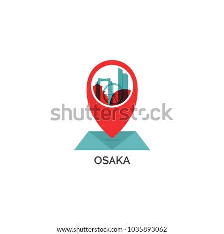 Japan Osaka map city pin point geolocation modern skyline shape pointer vector flat logo web icon illustration
