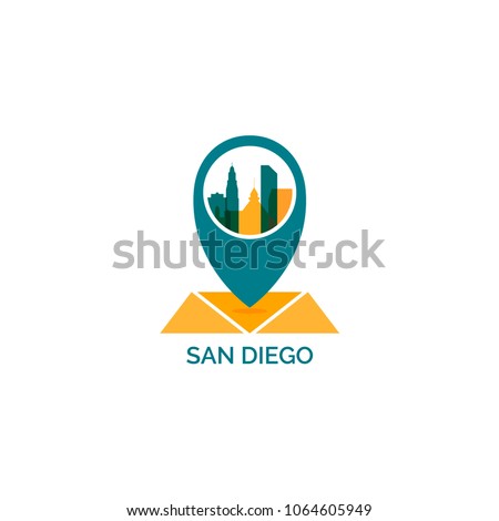 USA United States of America San Diego city skyline landscape silhouette vector logo icon. Cool urban map pin point geolocation horizon illustration concept