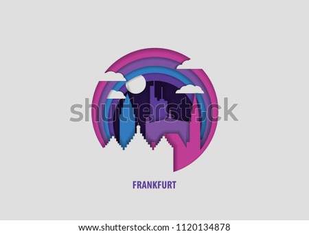 Creative paper cut layer craft Frankfurt vector illustration. Origami style city skyline travel art in depth illusion