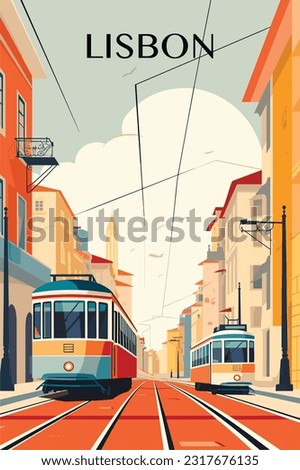 Portugal Lisbon retro city poster with abstract shapes of landmarks, street and trams. Vintage travel vector illustration