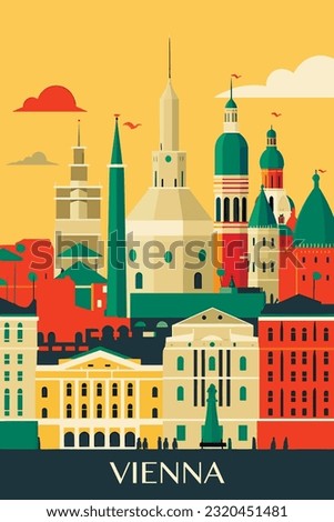 Austria Vienna retro city poster with abstract shapes of landmarks, buildings and monuments. Vintage travel vector illustration