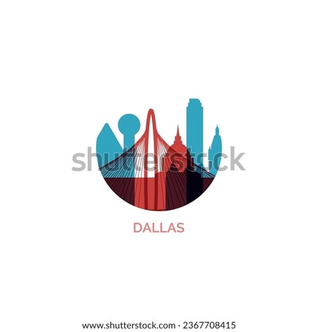 USA United States Dallas cityscape skyline capital city panorama vector flat modern logo icon. US Texas American state emblem idea with landmarks and building silhouettes
