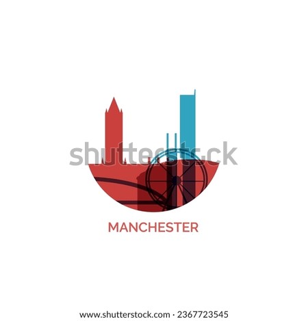 UK England Manchester city cityscape skyline panorama vector flat modern logo icon. United Kingdom emblem idea with landmarks and building silhouettes