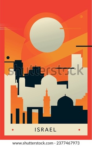 Israel brutalism poster with abstract skyline, cityscape Tel Aviv, Jerusalem retro vector illustration. Middle East travel guide cover, brochure, flyer, leaflet, business presentation template image