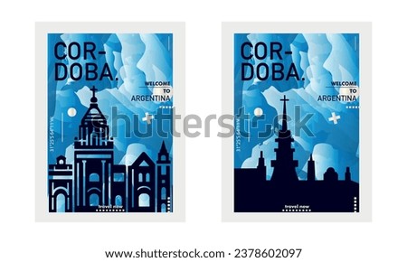Argentina Cordoba city poster pack with abstract skyline, cityscape, landmarks and attractions. South America capital travel vector illustration set for brochure, website, page, business presentation