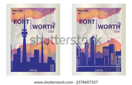 USA Fort Worth city poster pack with abstract shapes of skyline, cityscape, landmarks and attractions. US Texas state travel vector illustration set for brochure, website, page, business presentation