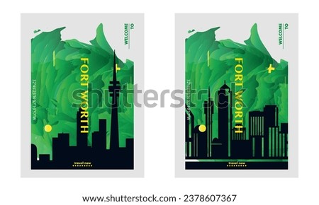 USA Fort Worth city poster pack with abstract shapes of skyline, cityscape, landmarks and attractions. US Texas state travel vector illustration set for brochure, website, page, business presentation