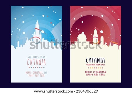 Catania city poster with Christmas skyline, cityscape, landmarks. Winter Italy holiday, New Year vertical vector layout for brochure, website, flyer, leaflet, card