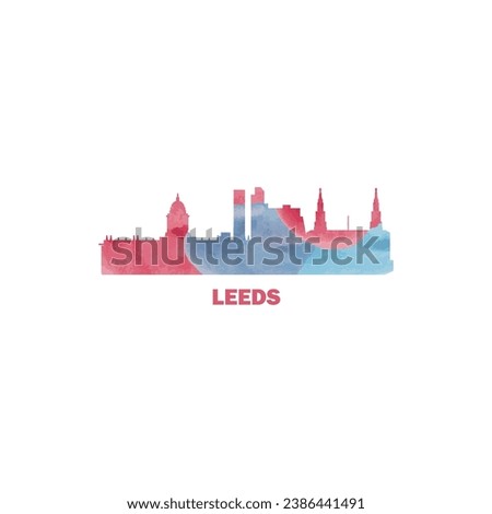 Leeds city UK watercolor cityscape skyline panorama vector flat modern logo icon. West Yorkshire, United Kingdom town emblem with landmarks and building silhouettes. Isolated red and blue graphic