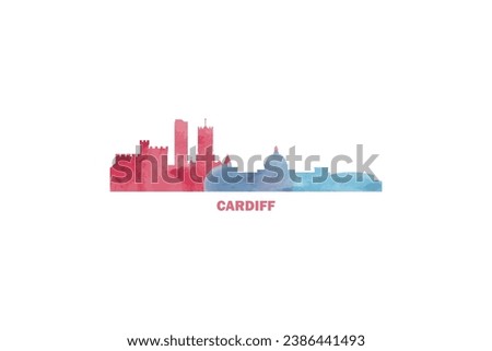 Cardiff city UK watercolor cityscape skyline panorama vector flat modern logo icon. United Kingdom, Wales emblem with landmarks and building silhouettes. Isolated red and blue graphic