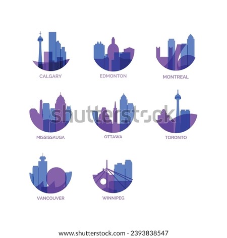 Canada cities logo and icon set. Vector graphic collection for Canadian Calgary, Edmonton, Montreal, Mississauga, Ottawa, Toronto, Vancouver, Winnipeg