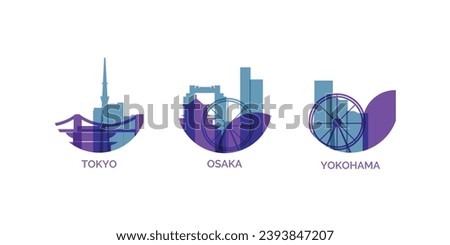 Japan cities logo and icon set. Vector graphic collection for Japanese metropolis Tokyo, Osaka, Yokohama