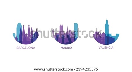 Spain cities logo and icon set. Vector graphic collection for Barcelona, Madrid, Valencia