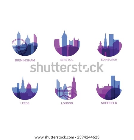 United Kingdom cities logo and icon set. Vector graphic collection for UK Birmingham, Bristol, Edinburgh, Leeds, London, Sheffield