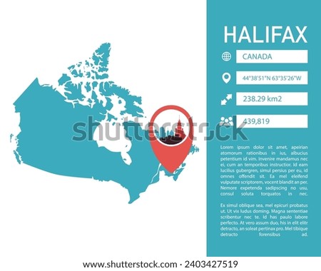 Halifax Canada map shape vector infographics template. Modern city data statistic illustration, graphic, layout for Nova Scotia province