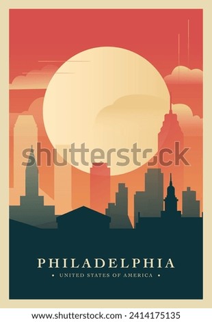 Philadelphia city brutalism poster with abstract skyline, cityscape. Pennsylvania state retro vector illustration. US travel front cover, brochure, flyer, leaflet, presentation template, layout image