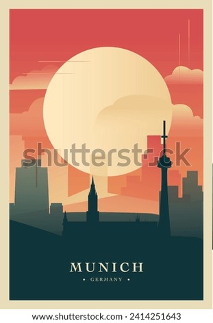 Munich city brutalism poster with abstract skyline, cityscape retro vector illustration. Germany Bavaria travel front cover, brochure, flyer, leaflet, business presentation template image