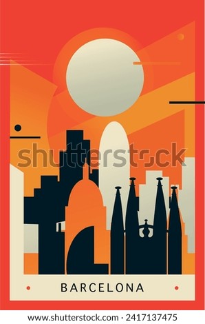 Barcelona city brutalism poster with abstract skyline, cityscape retro vector illustration. Spain big megapolis travel front cover, brochure, flyer, leaflet, business presentation template image