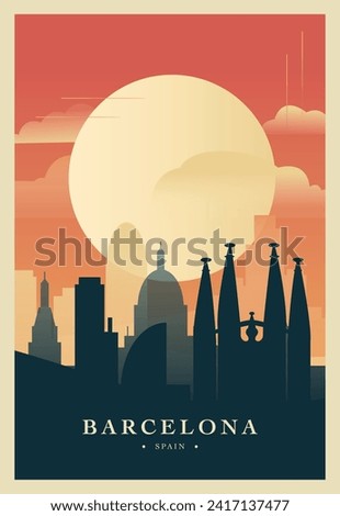 Barcelona city brutalism poster with abstract skyline, cityscape retro vector illustration. Spain big megapolis travel front cover, brochure, flyer, leaflet, business presentation template image