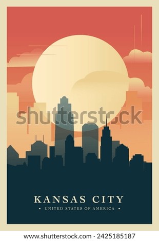 Kansas city brutalism poster with abstract skyline, cityscape. USA Missouri state retro vector illustration. US travel front cover, brochure, flyer, leaflet, presentation template, layout image