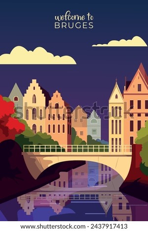 Bruges retro city poster with abstract shapes of skyline, buildings at night. Vintage Belgium Flemish town travel vector illustration