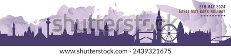 Early May Bank Holiday in Uk, England banner with cities skyline, panorama. Flat vector celebration graphic, layout for footer, steamer, header