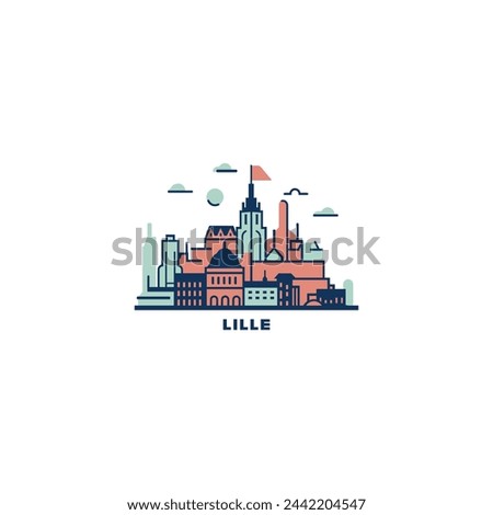 Lille cityscape skyline city panorama vector flat modern logo icon. France, French Flanders town emblem idea with landmarks and building silhouettes. Isolated colorful  graphic 