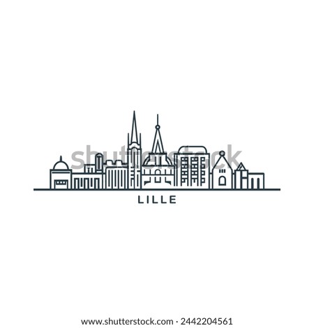 Lille cityscape skyline city panorama vector flat modern logo icon. France, French Flanders town emblem idea with landmarks and building silhouettes. Isolated thin line graphic 