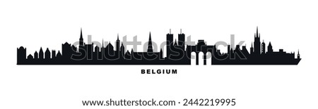 Belgium country skyline with cities panorama. Vector flat banner, logo. Ghent, Brussels, Bruges, Antwerp megapolis silhouette for footer, steamer, header. Isolated graphic