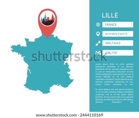 Lille France map shape vector infographics template. Modern city data statistic illustration, graphic, layout	